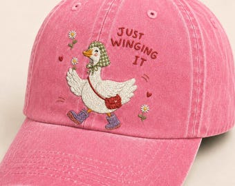 Just Winging It Goose Embroidered Hat, Vintage Washed Dad Cap, Funny Duck Cap for Women Men Kids, Cute Animal Lover Gift