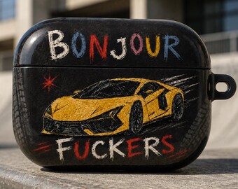 Yellow Sports Car AirPods Case, Bonjour Grunge Doodle, Charcoal Streetwear Cover for AirPods & AirPods Pro