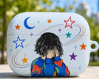 Colorful Daydream AirPods Case, Rainbow Star Moon Doodle Cover, Keep Your Wonder Quote, Glossy Protective Earbud Case