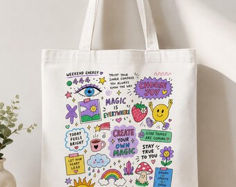 Cute Doodle Tote Bag, Positive Affirmation Canvas Tote, Colorful Everyday Shopper Bag, Choose Joy Gift for Women, Fun Aesthetic Tote