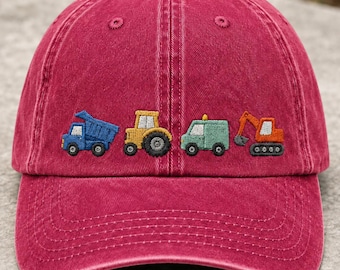 Construction Vehicle Embroidered Hat, Vintage Washed Dad Cap for Adults & Kids, Truck Tractor Excavator Hat