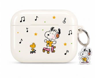 Snoopy Inspired Dog Music Beige AirPods Case, Roller Skating Puppy with Headphones, Cute Aesthetic AirPods Pro 2 Cover, Gift for Music Lover