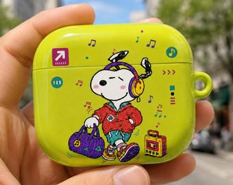 Retro Music Dog AirPods Case, Glossy Lime Green Cartoon Puppy Cover, Headphone and Cassette Design for AirPods Pro and Gen