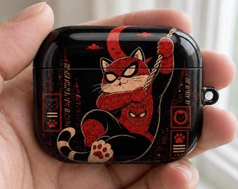 Masked Cat Superhero AirPods Case, Retro Japanese Cat Case, Glossy Protective Cover for AirPods Pro 1 2 3, Gen 1 2 3 4