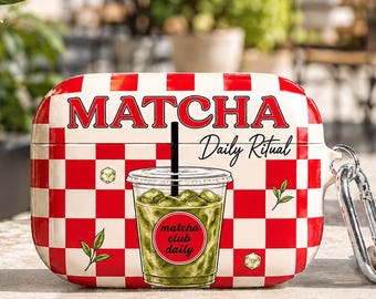 Personalized Matcha AirPods Case, Red Checkerboard Iced Latte Glossy Cover, Custom Name Case for AirPods Gen & Pro, Matcha Gift