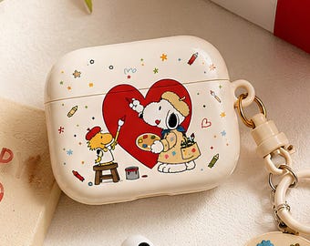 Artist Dog AirPods Case, Cute Painter Puppy AirPods Pro Case, Heart Art AirPods 4 Case, Cartoon Dog Gift, Cute Earbuds Cover