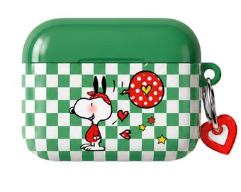 Cute Cartoon Dog AirPods Case, Green Checkerboard Headphones Cover, Retro Kawaii Headset Cover, Aesthetic Music Lover Gift