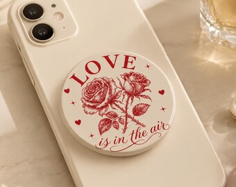 Vintage Rose Phone Grip, Love Is in the Air Floral Phone Stand, Glossy Red Valentine Phone Holder, Romantic Gift for Her