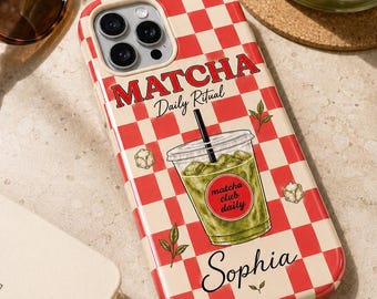 Personalized Matcha Phone Case, Red Checkerboard Iced Latte Case, Custom Name Tough Case for iPhone Samsung, Matcha Lover Gift