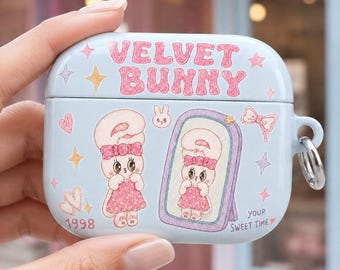 Personalized Velvet Bunny AirPods Case, Custom Name Glossy AirPod Pro Case, Vintage Pastel Rabbit Case, Coquette Y2K Tech Gift
