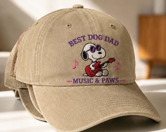 Best Dog Dad Embroidered Hat, Double-Sided Cartoon Dog Cap, Vintage Washed Baseball Hat, Music & Paws Gift for Dog Lovers