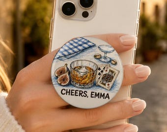 Personalized Cocktail Phone Grip, Custom Name Whiskey and Fig Phone Holder, Vintage Playing Card Phone Stand, Gift for Her