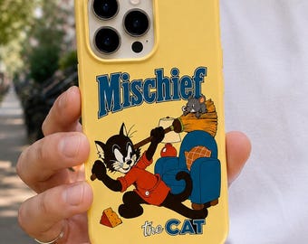 Retro Cat and Mouse Phone Case, Mischief Cartoon Tough Cover, Sage Green or Butter Yellow, for iPhone and Samsung
