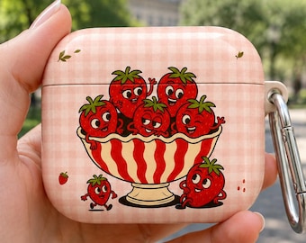 Personalized Strawberry AirPods Case, Custom Name AirPods Pro Case, Cute Retro AirPods Gen 1 2 3 4 Cover, Pink Gingham Gift