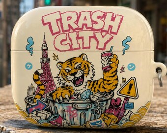 Personalized Tiger AirPods Gen Case, Japanese Street Art Case, Trash City Doodle, Custom Name Glossy AirPods Pro Case, Unique Tech Gift