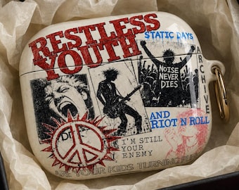 Restless Youth Punk Collage AirPods Case, Grunge Rock Aesthetic Glossy Cover for AirPods Pro 1 2, AirPods Gen 1 2 3 4