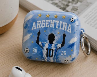 Funda para AirPods de la selección argentina de fútbol, funda para AirPods Pro para aficionados al fútbol, regalo número 10 de Argentina, funda azul y blanca para auriculares deportivos, para aficionados del Mundial 2026.