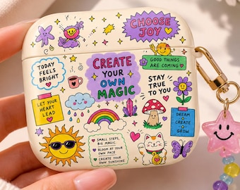 Cute Doodle AirPods Case, Positive Vibes AirPods Cover, Kawaii Aesthetic Earbuds Case, Motivational Quote Gift for Her