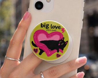 Black Cat Phone Grip, Pink Heart & Olive Green, Big Love Little Chaos, Cute Collapsible Phone Holder, Cat Lover Gift