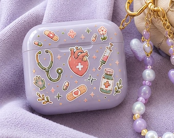 Cute Medical Doodle AirPods Case, Pastel Healthcare AirPods Pro Case, Stethoscope Heart AirPods Cover, Doctor Nurse Gift, Medical Students