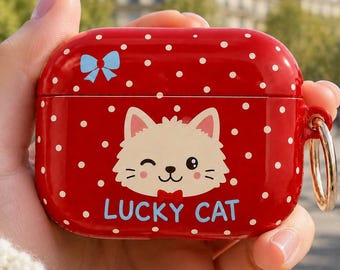 Personalized Lucky Cat AirPods Case, Red Polka Dot Glossy Cover, Custom Name or Message, AirPods Pro 2, Pro, Gen 2 & Gen 3 Gift