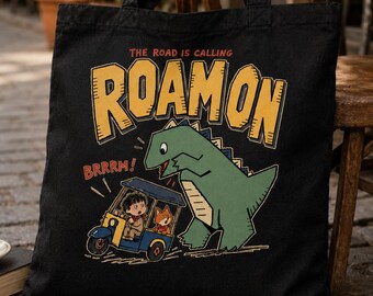 Roam On Dinosaur Tote Bag, Cute Travel Doodle Canvas Bag, Funny Adventure Shopper, Retro Cartoon Cotton Tote, Gift for Travelers
