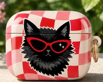 Personalized Black Cat AirPods Case, Custom Name Glossy Case for AirPods Pro and Gen, Retro Pink Checkerboard Cat Lover Gift