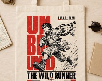 Anime Adventure Tote Bag, Manga Runner Canvas Tote, Black or Natural Cotton Bag, Red Cream Graphic Book Bag, Anime Fan Gift
