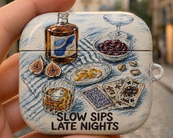Personalized Slow Sips Late Nights AirPods Case, Vintage Cocktail and Playing Card Case, Custom Name AirPods Pro and Gen Cover