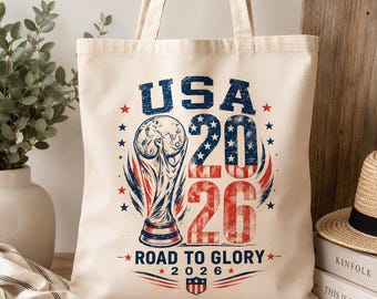 USA Road to Glory 2026 Tote Bag, Patriotic Soccer Fan Gift, Vintage USA Football Canvas Tote, Game Day Reusable Shopping Bag