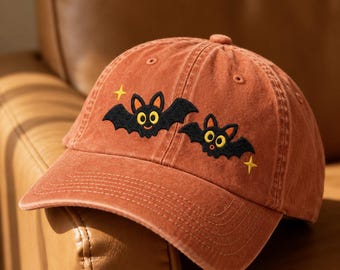 Leuke muts met vleermuisborduurwerk, vintage Halloweenpet met verwassen look, bijpassende pet voor volwassenen en kinderen, griezelig familiecadeau