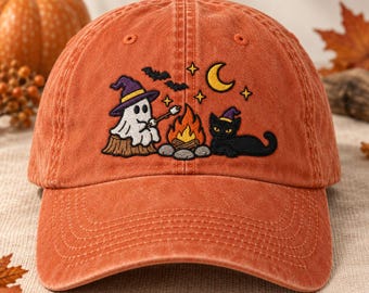 Halloweenmuts met spookkatmotief, heksenachtige muts met kampvuurlook, bijpassende Halloweenmuts voor volwassenen en kinderen, leuk herfstcadeau