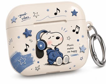 Cute Puppy Listening To Music AirPods Case, Good Vibes Earbuds Cover, Cozy Blue Aesthetic AirPods Gift, Gift for Her