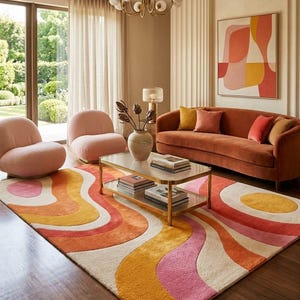 Tapis en laine tufté à la main : motif tourbillon rétro années 70, tapis de salon Dopamine Decor