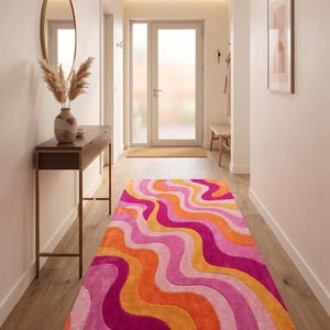 Hand-Tufted Pink Orange Wavy Retro Area Rug | 70s Abstract Swirl Design (New Zealand Wool) image 5