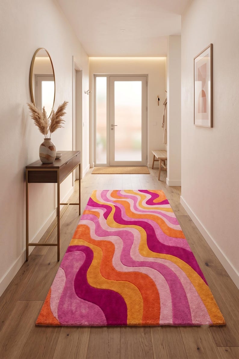 Hand-Tufted Pink Orange Wavy Retro Area Rug | 70s Abstract Swirl Design (New Zealand Wool) image 5