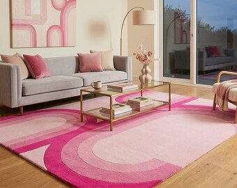 Hand Tufted Pink Geometric Area Rug, Retro Arch Design, Mid-Century Modern Carpet (Custom Size)