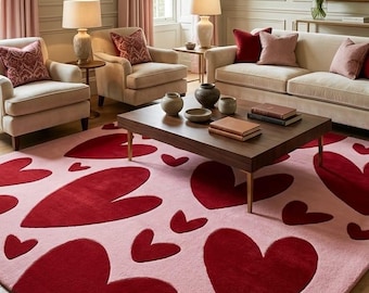 May include: A living room with a pink rug featuring large red heart shapes. The room includes a cream-colored sofa, armchairs, and a wooden coffee table. Pink curtains and lamps complete the decor, creating a cozy and inviting atmosphere.