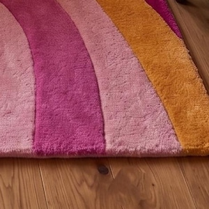 Hand-Tufted Pink Orange Wavy Retro Area Rug | 70s Abstract Swirl Design (New Zealand Wool) image 6