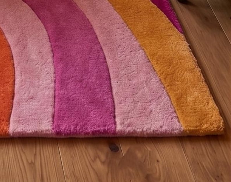 Hand-Tufted Pink Orange Wavy Retro Area Rug | 70s Abstract Swirl Design (New Zealand Wool) image 6