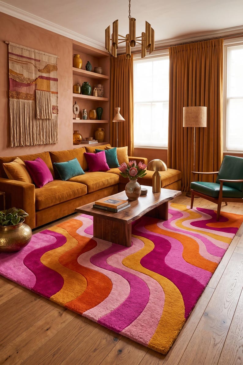 May include: A rectangular area rug featuring a repeating wavy pattern in vibrant shades of hot pink, light pink, orange, and mustard yellow. The rug has a plush, textured surface and is positioned on a light-colored wooden floor in a living room.