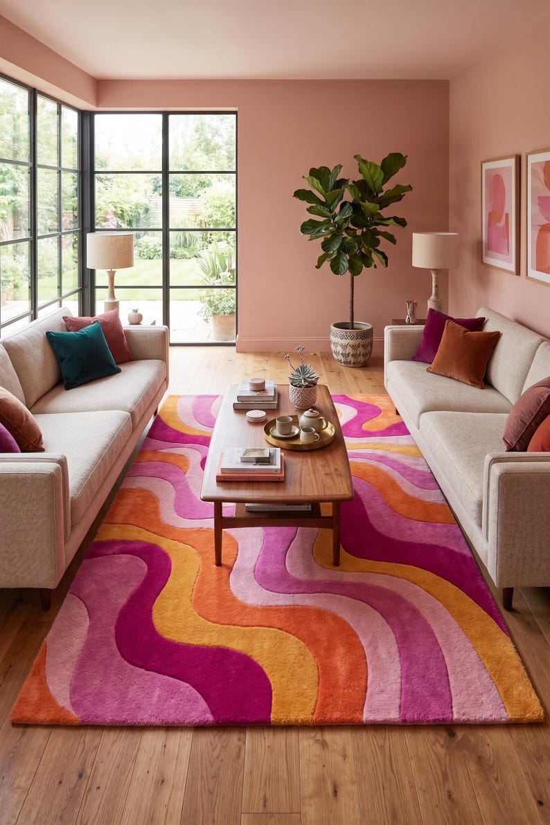May include: A rectangular area rug featuring a wavy, multi-colored pattern in shades of bright pink, magenta, orange, and light peach. The rug is positioned on a wooden floor between two beige sofas, with a wooden coffee table placed on top.