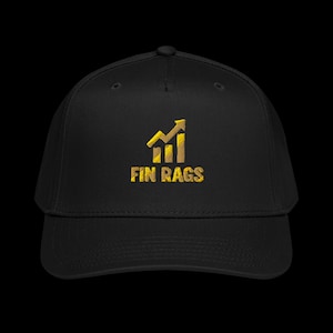May include: Black baseball cap with a curved brim. The cap features a gold logo with an upward-pointing arrow and the text "FIN RAGS" in gold. The cap is made of a durable fabric and has a structured fit.