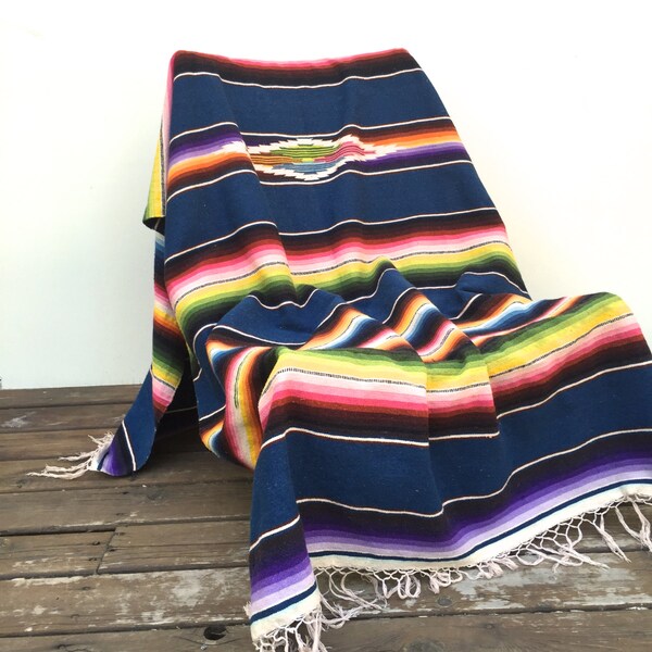 Mexican Sarape Saltillo Blanket, Indigo Blue Bedding, Tribal Decor