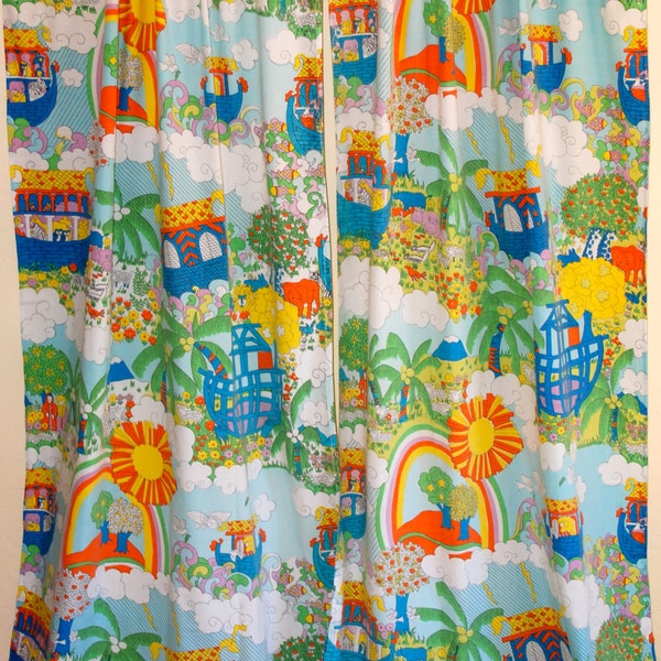Vintage curtains for children, kids or nursery,  Noah's Ark theme, 2 long panels, upcycled one of a kind.