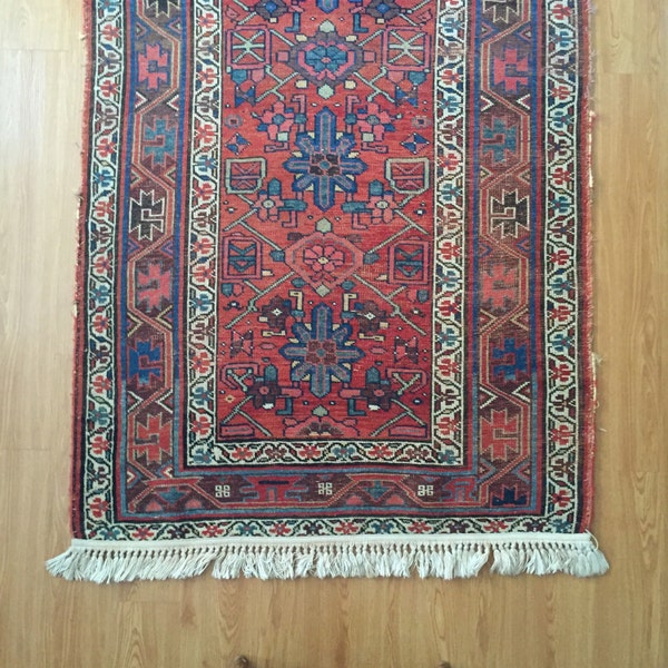 Persian Kurdish Rug, Handknotted Wool Tribal Weave, Coral Blue Decor