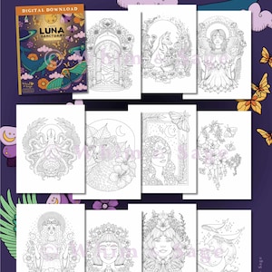 May include: A digital download coloring book titled A Little Luna Sanctuary featuring 40 hand drawn illustrations. The collection includes black and white line art pages depicting various figures, animals, flowers, and celestial elements.
