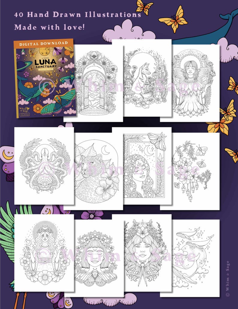 May include: A digital download coloring book titled A Little Luna Sanctuary featuring 40 hand drawn illustrations. The collection includes black and white line art pages depicting various figures, animals, flowers, and celestial elements.