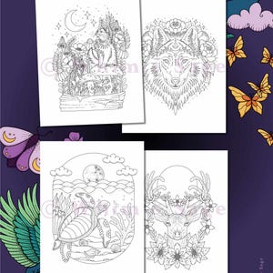 May include: Four white rectangular coloring pages featuring black line art illustrations. The designs include a cat among mushrooms and flowers, a wolf head surrounded by floral patterns, a sea turtle in an ocean scene, and a deer head with antlers.