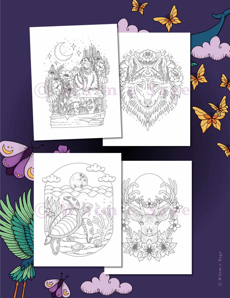 May include: Four white rectangular coloring pages featuring black line art illustrations. The designs include a cat among mushrooms and flowers, a wolf head surrounded by floral patterns, a sea turtle in an ocean scene, and a deer head with antlers.